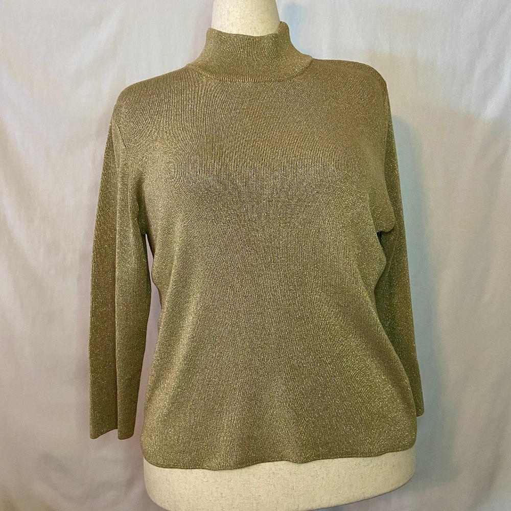 Coldwater Creek Long Sleeve Mock Turtleneck Silk Blend Metallic Gold Sweater XL